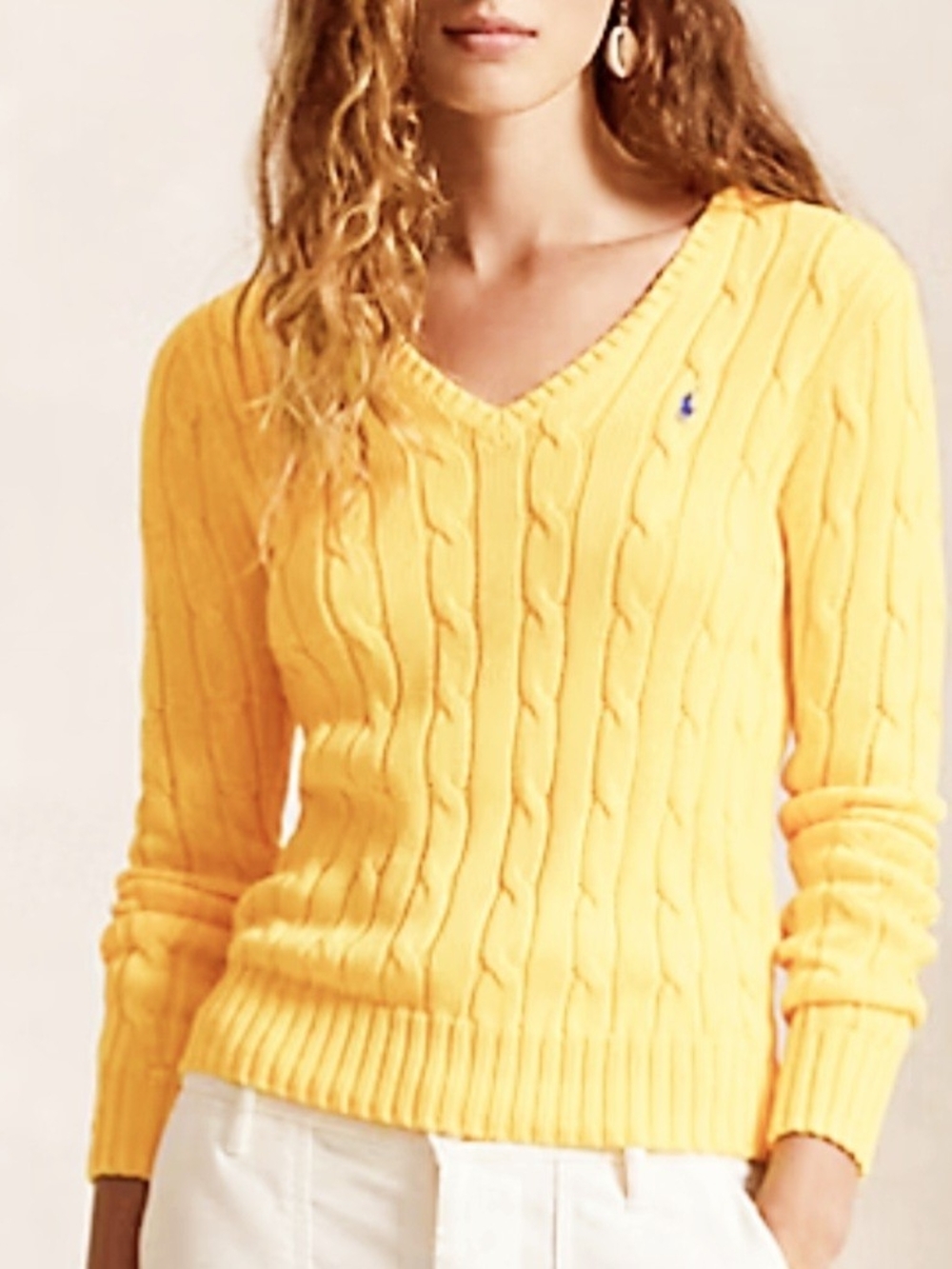 Ralph Lauren Cable Knit V-Neck Sweater in Butter Yellow. Sz. L. Preppy